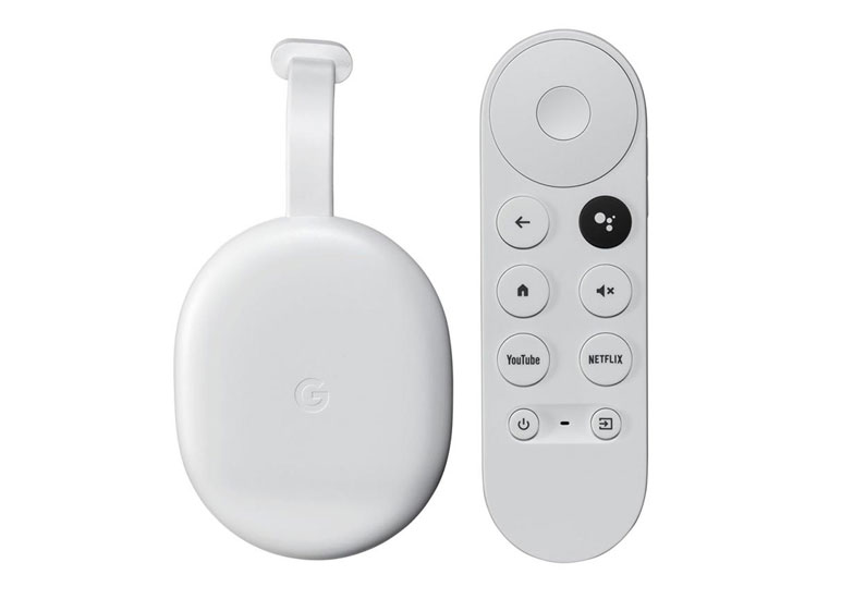 Google Chromecast in weiß mit Fernbedienung.