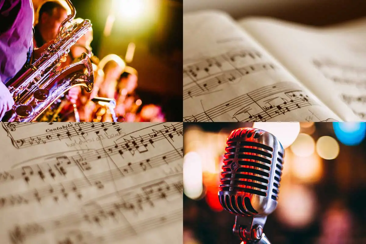 Collage with opened music book, saxophone players and vocal microphone 55SH. 