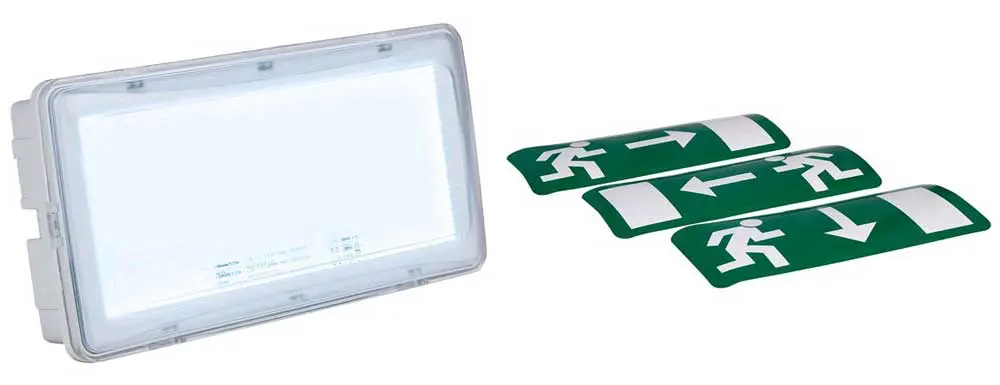 Escape route lighting and pictogram signs. Escape route lighting element and 3 escape route pictograms.