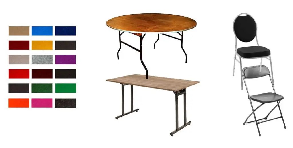Carpet samples, tables and chairs. Color samples for exhibition carpets. 2 banquet tables and 2 banquet chairs.