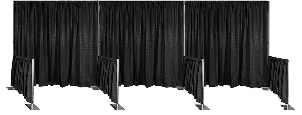 Black Pipe & Drape curtain system divides 3 areas with 7 curtain elements.